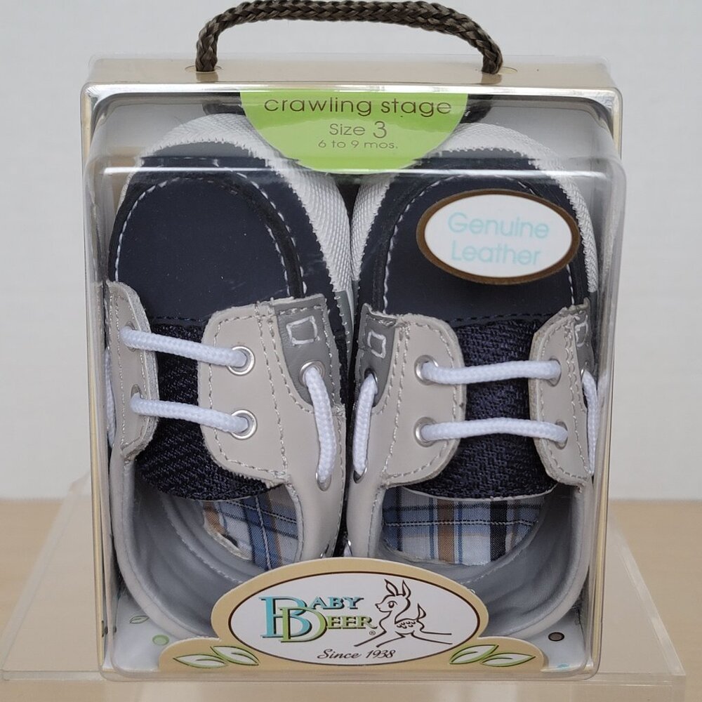 Trimfoot Co. Baby Boy Crawling Blue Beige Loafer Crib Shoes Size 3 6-9 Months